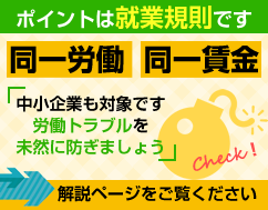 ポイントは就業規則です。同一労働・同一賃金は中小企業も対象です。労働トラブルを未然に防ぎましょう！解説ページをご覧ください。